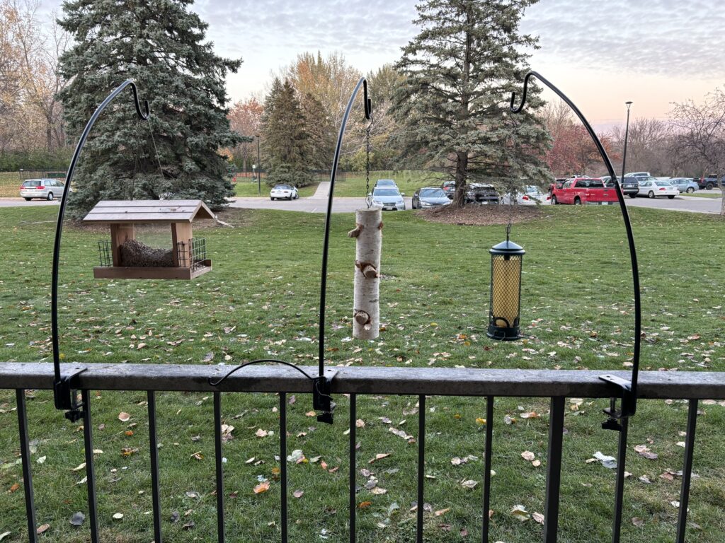 A hopper bird feeder, suet log bird feeder and squirrel-proof feeder set up on a patio.