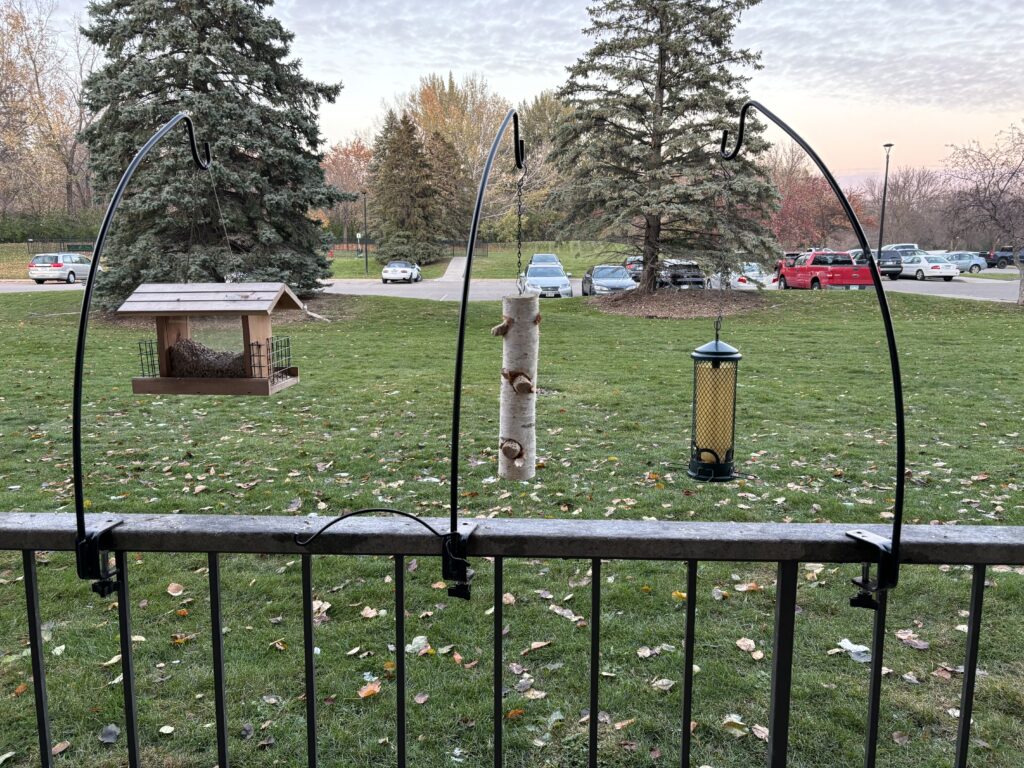 A bird feeding station with a hopper, suet log and squirrel-proof feeder.