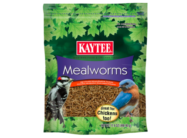 A bag of Kaytee dried mealworms that are available for sale on Amazon. Mealworms are great food for a ton of birds.