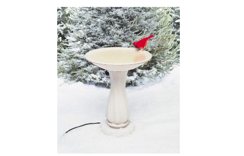 A picture of a heated bird bath with a Northern Cardinal on it for sale on Amazon.
