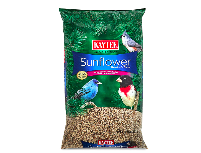 A bag of Kaytee Sunflower Hearts and Chips Bird Seed.