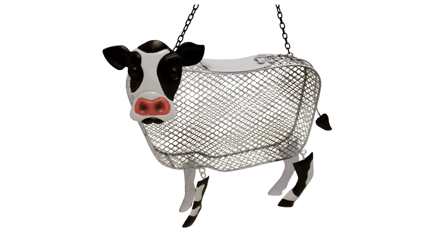 A Cow Mesh Bird Feeder with dangly legs.