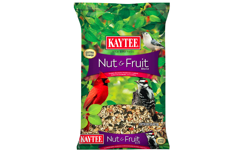 A bag of Kaytee Nut and Fruit Mix bird seed. 