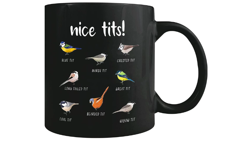 A Fowl Language Bird Coffee Mug. The mug has birds on it with tit references.