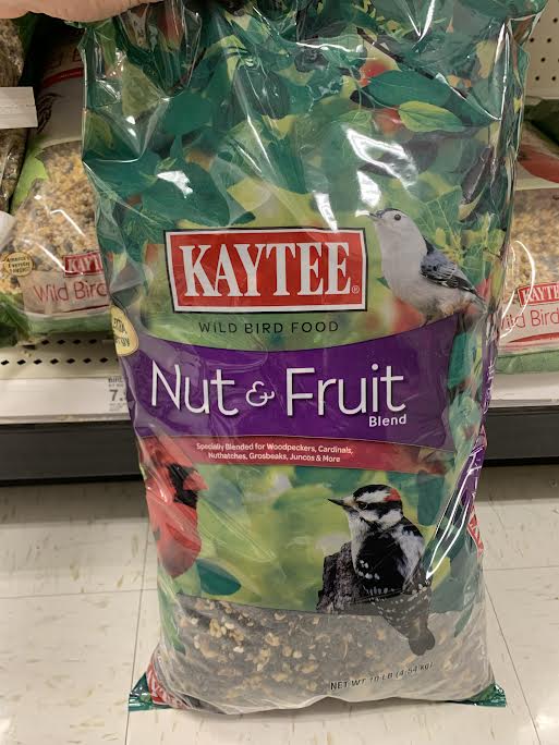 A bag of Kaytee nut and fruit bird seed. The bag is for sale at Target. 