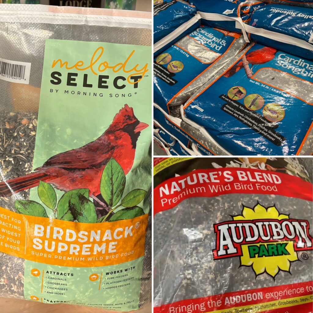 Three photos of various sunflower-based bird seed you can buy at Costco. 
