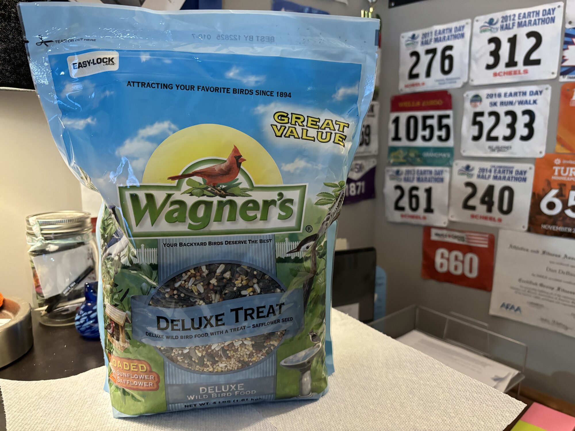 A bag of Wagner's Bird Seed on a desk