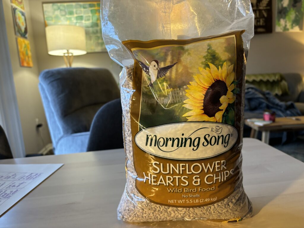 A bag of Morning Song Sunflower Hearts & Chips Wild Bird Food.