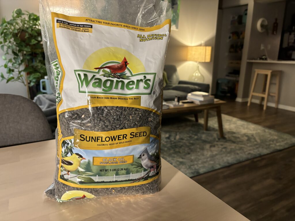 A bag of Wagner's Black Oil Sunflower bird seed. 