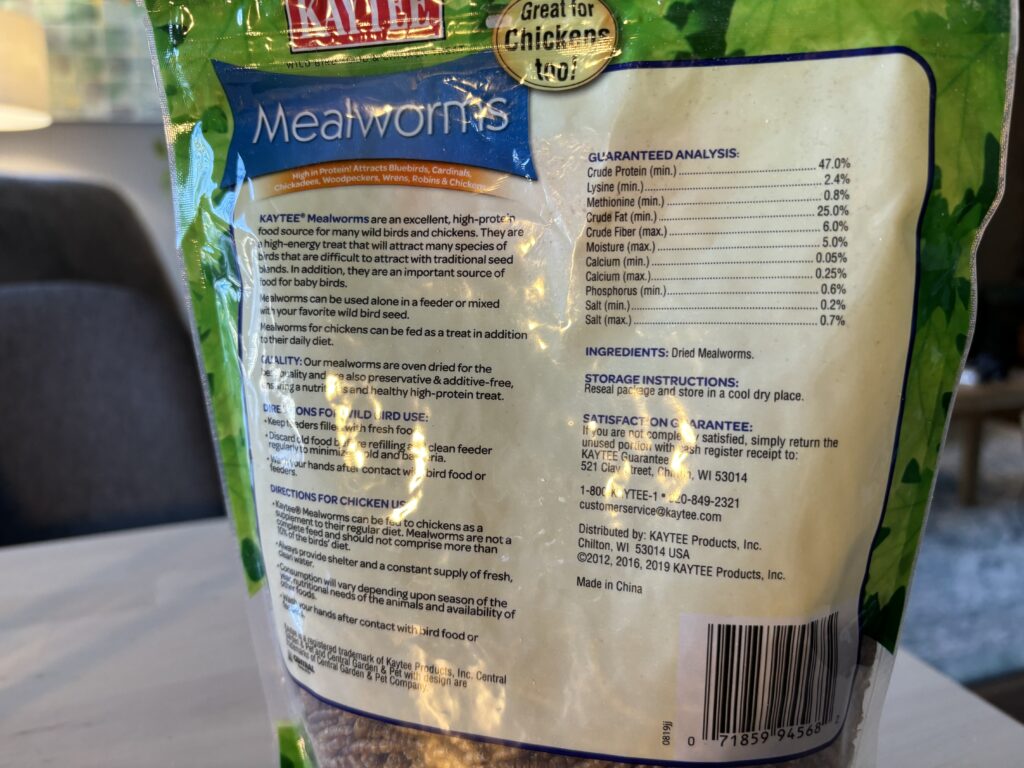 The back of a bag of Kaytee Mealworms. 
