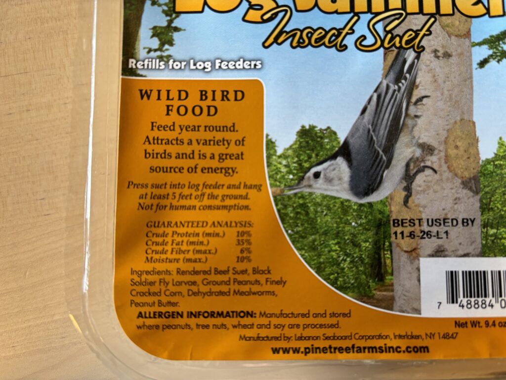 A close look at the label of Pine Tree Farm Log Jammers Insect Suet Plugs. 